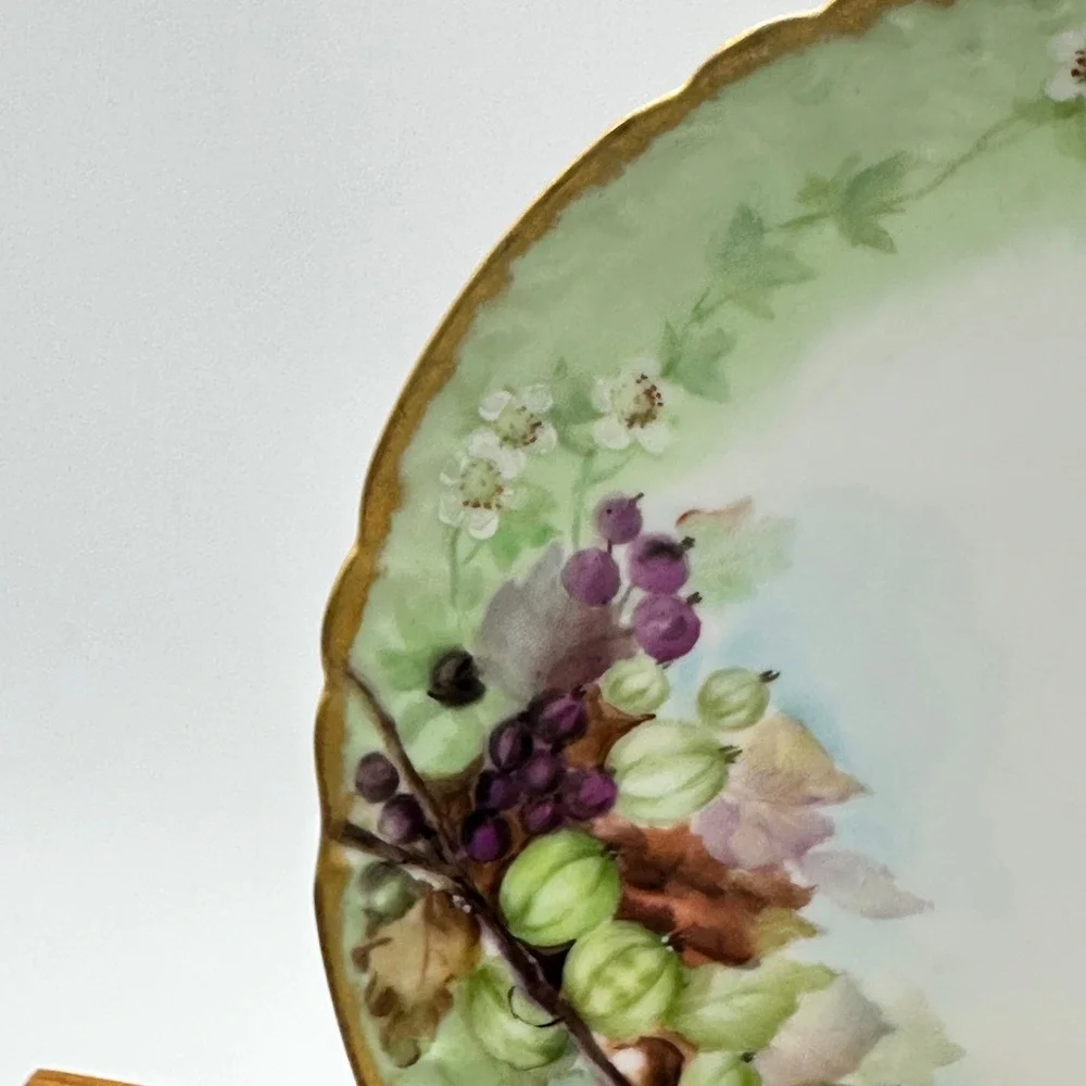 Antique J.P. L. France Limoges Hand Painted Berry Scalloped Gold Gilt Plate 8.5